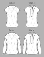 Vector woman winter long sleeved top with bow fashion CAD, sleeveless blouse with boat neck technical drawing, template, flat, sketch. Jersey or woven fabric shirt with front, back view, white color