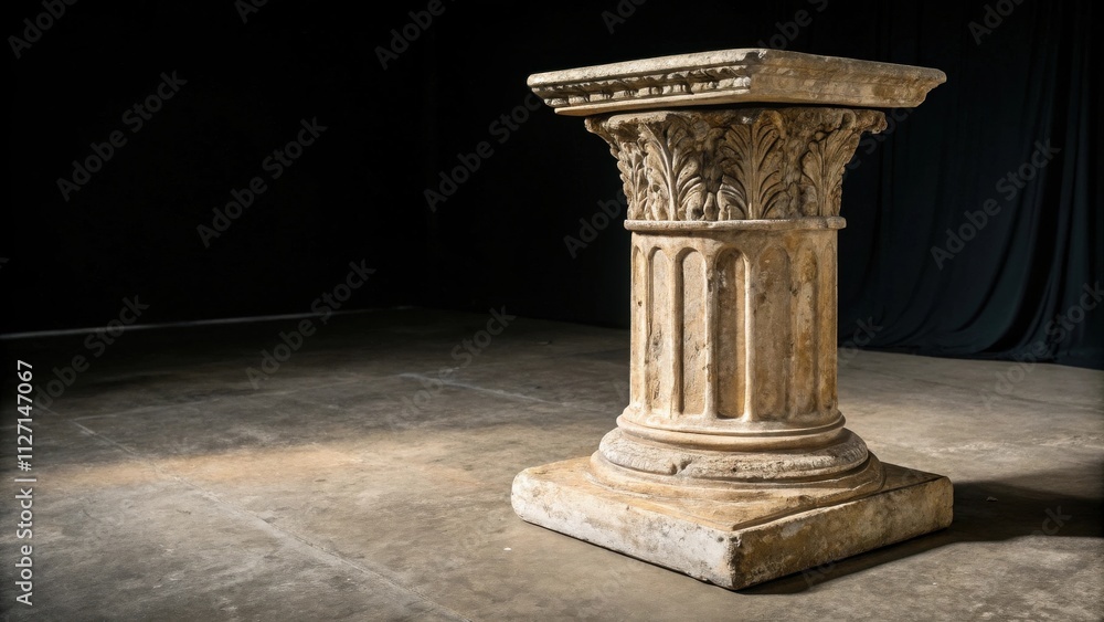Aufkleber a weathered stone column with intricate carvings, standing tall on a concrete floor against a dark b