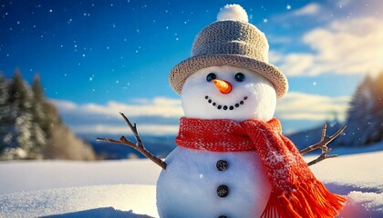  Banni&egrave;re de No&euml;l hivernale - Bonhomme de neige dr&ocirc;le avec bonnet et &eacute;charpe sous un ciel lumineux Generated image