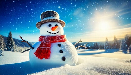  Banni&egrave;re de No&euml;l hivernale - Bonhomme de neige dr&ocirc;le avec bonnet et &eacute;charpe sous un ciel lumineux Generated image