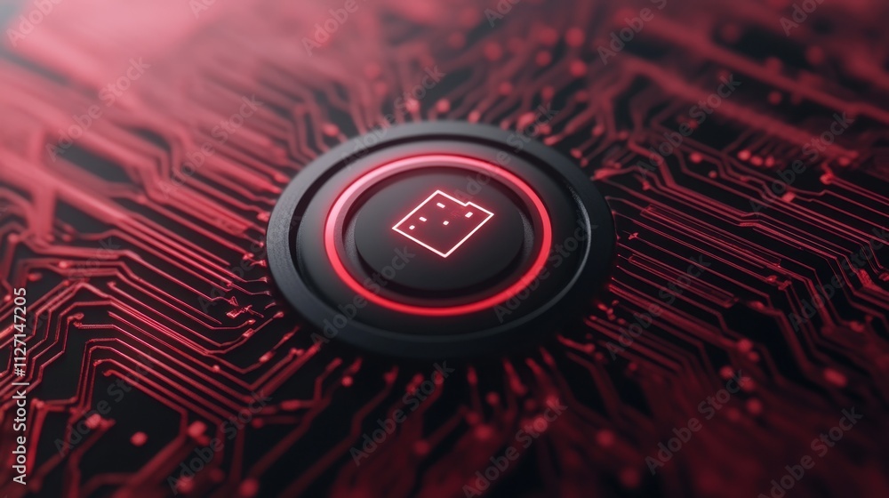 Poster a close-up of a circuit board featuring a prominent red-lit processor surrounded by intricate patter