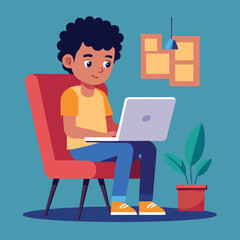 a boy is using his laptop vector