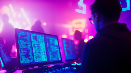 Hackathon Team Collaborating in Dimly Lit Office