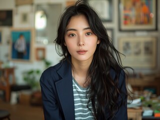 Fototapeta premium Serene Young Asian Woman in Art-Filled Home