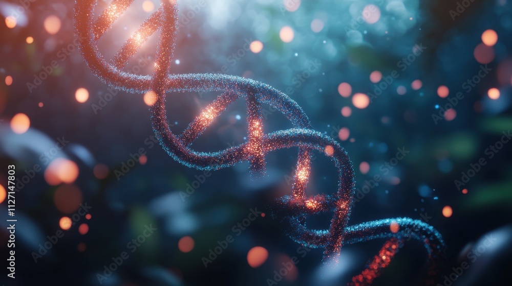 Poster a mesmerizing close-up of a dna double helix, illuminated by soft glowing particles, set against a b