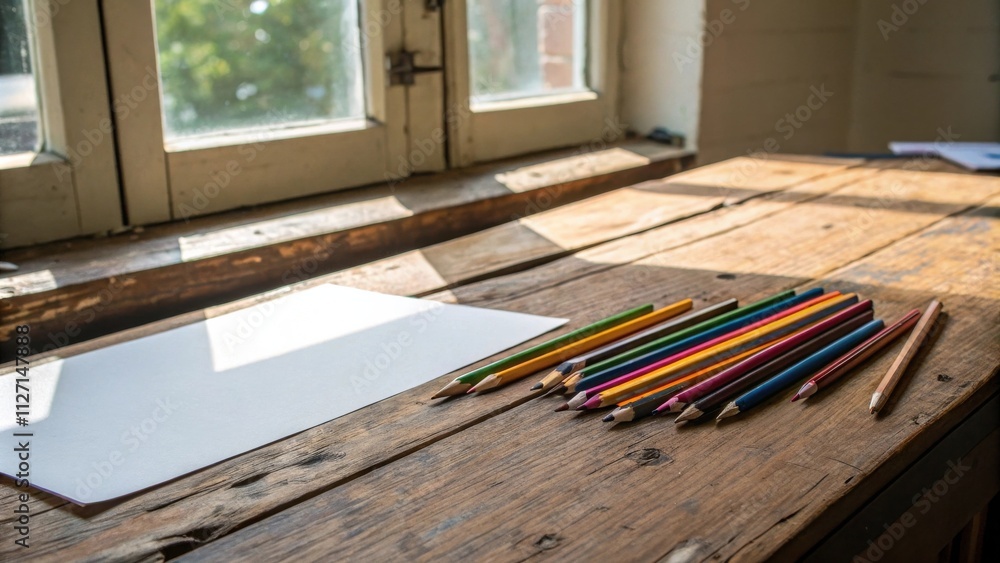 Poster a collection of colorful pencils lay on a wooden table next to a white piece of paper.