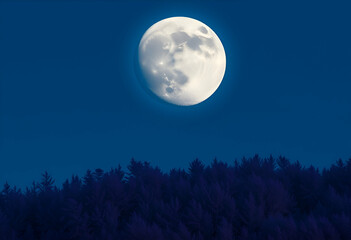Fototapeta premium a massive moon dominating the night sky, radiating a soft sky-blue glow. Below, violet-hued trees form an enchanting landscape, illuminated by the gentle moonlight