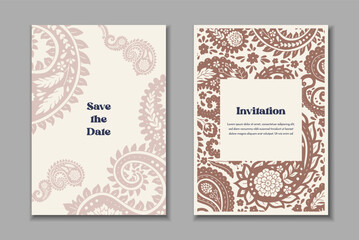 Fototapeta premium Two greeting cards templates set with paisley motifs. Wedding invitation with oriental decoration. Modern abstract stationary design.