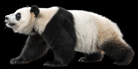 A majestic giant panda with black and white fur walks confidently on a black background, showcasing its captivating features and gentle nature.