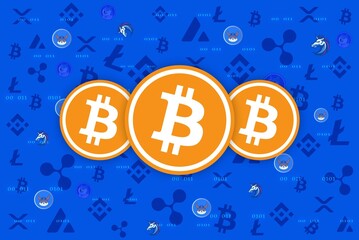 images of the bitcoin-btc logo on a digital background. 3d illustrations.