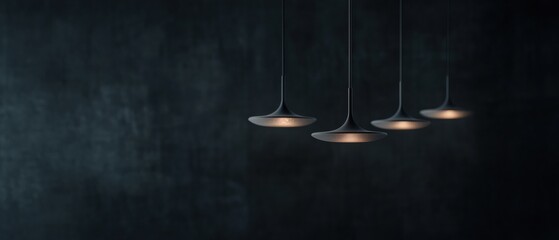 Group of five pendant lights hanging from the ceiling in a dark room. the lights are arranged in a row, with the largest light at the top and the smallest at the bottom.