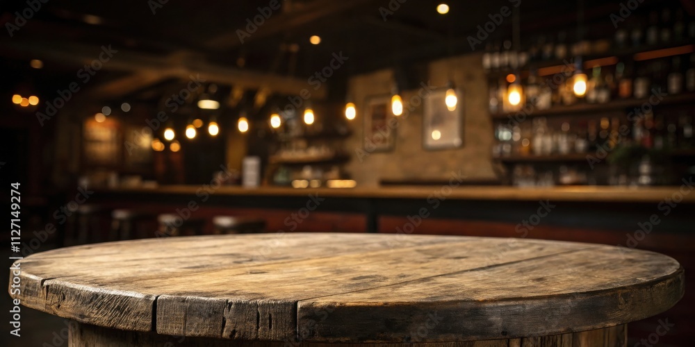 Poster Rustic Wooden Table in a Dimly Lit Bar with a Blurred Background of Warm Lighting and Shelves