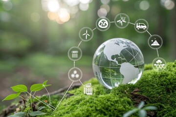 a clear glass globe with an etched map of the world, prominently displaying the continents of North and South America. The globe is resting on a bed of lush green moss, situated in a forest setting