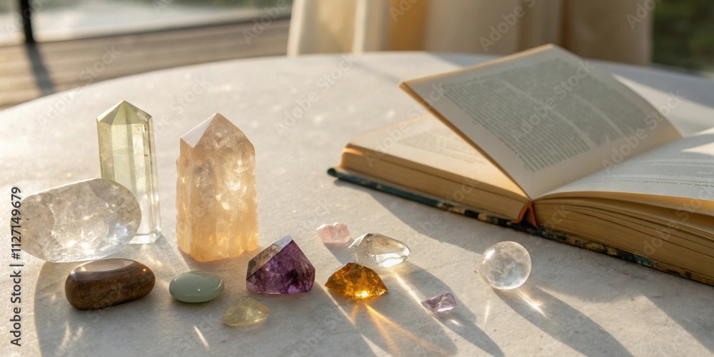 Aufkleber Sunlight Illuminates a Collection of Crystal Points and Polished Stones Resting Beside an Open Book on a Table