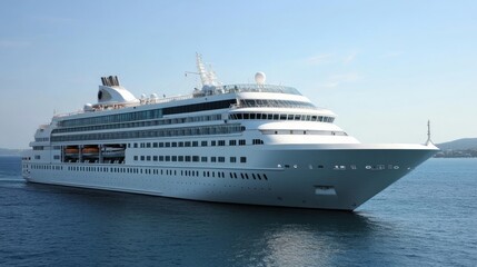 Large white cruise ship sailing on calm ocean water under a clear blue sky.