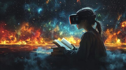 Person experiences high tech reading journey using sleek VR goggles surrounded digital books and interactive holograms clean white backdrop.