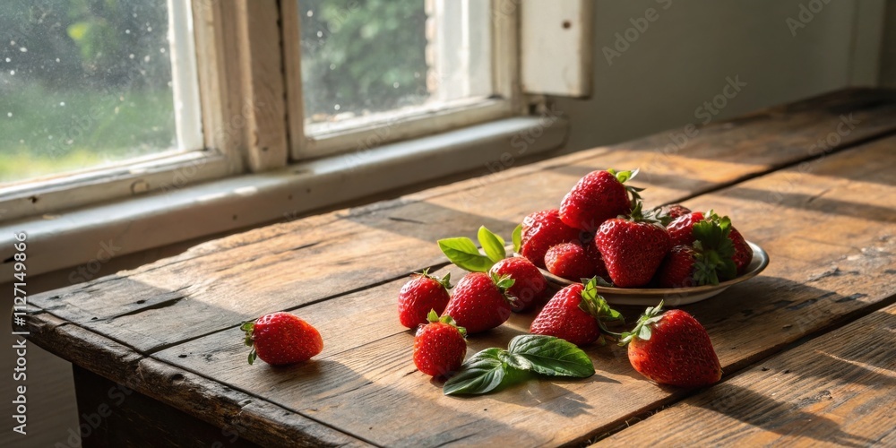 Poster Fresh strawberries resting on a rustic wooden table, bathed in warm sunlight streaming through an open window.