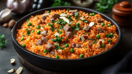 Fototapeta premium Savory Rice Dish with Meat Peas and Almonds