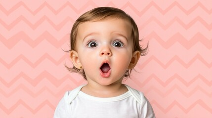 A surprised baby with wide eyes and an open mouth, set against a pink zigzag background.