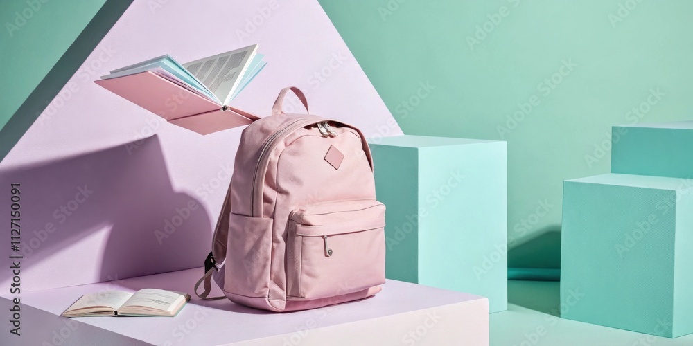 Poster A pink backpack resting on a platform with an open book floating above it, against a pastel colored background.