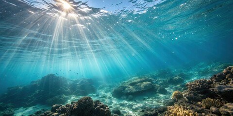 Fototapeta premium Sunbeams Dance Through Crystal Clear Ocean Water Illuminating The Ocean Floor With Lush Coral Reef Formations