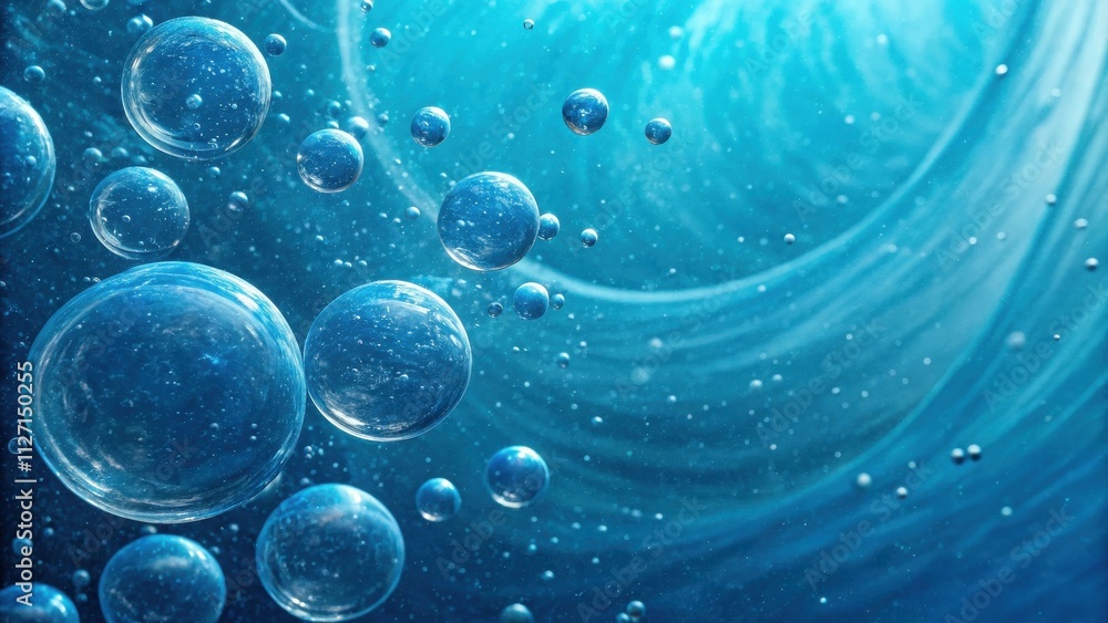 Poster abstract underwater scene with floating bubbles, a swirling blue background and tiny specks of light