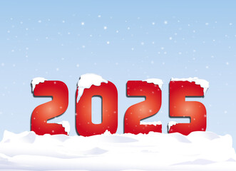 2025 rouge dans la neige , fond bleu ciel avec flocons de neige