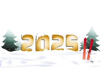 2025 doré dans la neige,avec sapins et ski plantés dans la neige, sur fond transparent