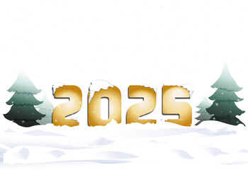 2025 doré entouré de sapins  dans la neige, sur fond transparent