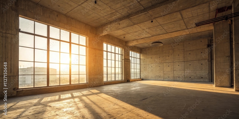 Poster sunlight streams through large windows in a bare concrete room, casting long shadows on the unfinish