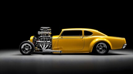Yellow Hot Rod with Oversized Engine and Custom Supercharger