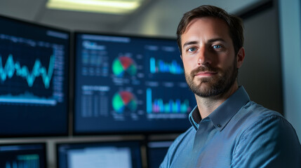 Fototapeta premium High-Tech Office with Dashboard and Business Analytics