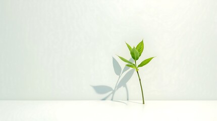 Minimalist Green Plant Shadow Photography  A Study in Light and Minimalism, Featuring a Single Sprig Against a White Background