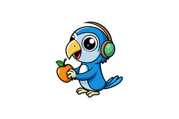 A cute macaw wearing a headphone eating an apple vector art illustration