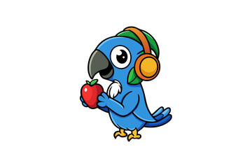 A cute macaw wearing a headphone eating an apple vector art illustration