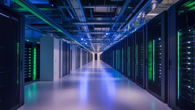 A long, white corridor flanked by black data center server racks, digital binary code floating in the air above each rack of hard drives.