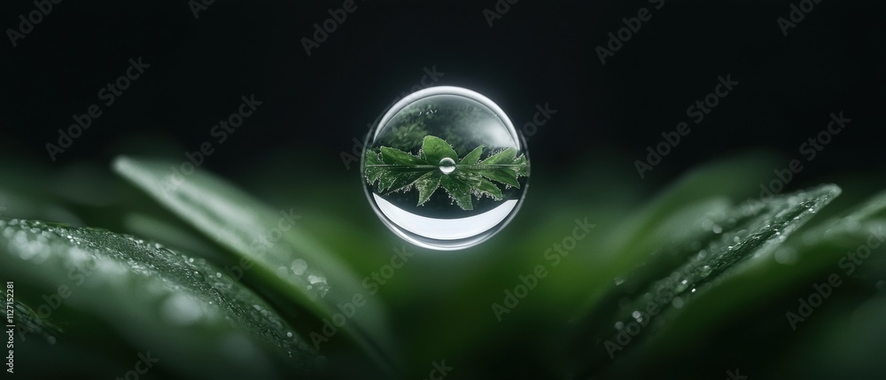 Aufkleber close-up of a single drop of water on a green leaf. the drop is in the center of the image and is su