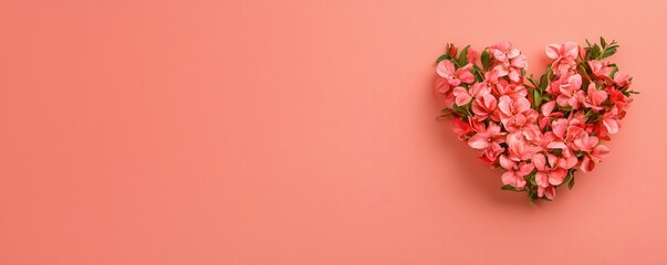 Fototapeta premium Valentine background, Flowers, Charm. Pink flower heart arrangement on a coral background.