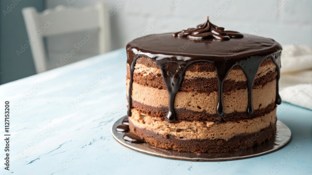 Poster a decadent layered chocolate cake, adorned with a rich chocolate glaze, drizzling down the sides, cr