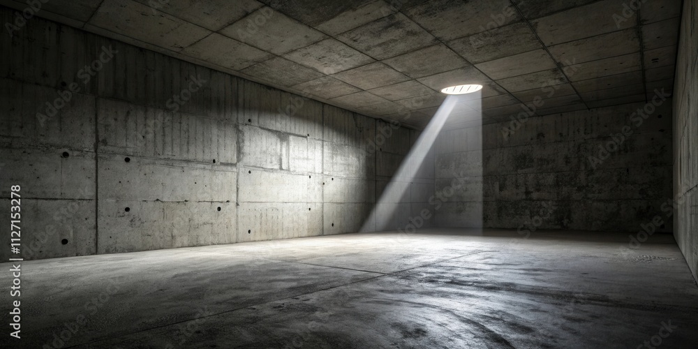 Poster A Single Beam of Light Pierces Through a Concrete Room, Illuminating the Dusty Floor and Creating a Dramatic Contrast Between the Shadows and the Light.