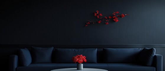 Dark blue sofa against a dark grey wall. on the wall above the sofa, there is a small vase with a red flower in it. the vase is placed on a round white table in front of the sofa.