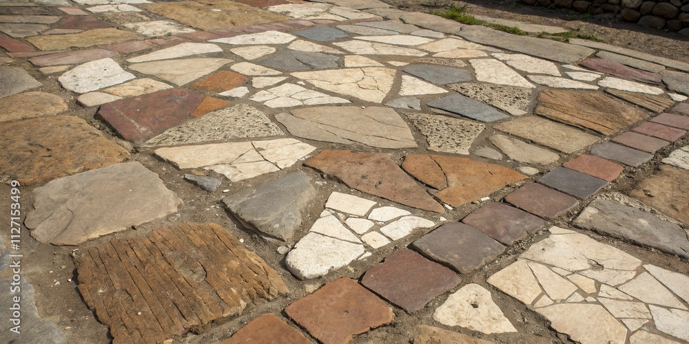 Poster A Close-Up View of a Stone Pathway Constructed with Irregularly Shaped and Sized Stones, Creating a Patchwork Pattern