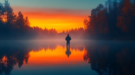 Fototapeta premium Fisherman silhouette casting a line into a reflective gradient lake