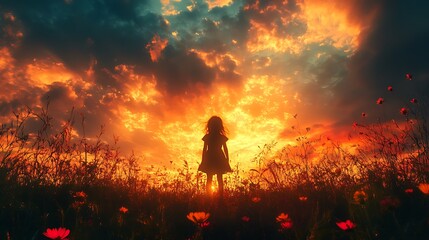 Fototapeta premium Child playing silhouette against a joyful multicolor gradient sky