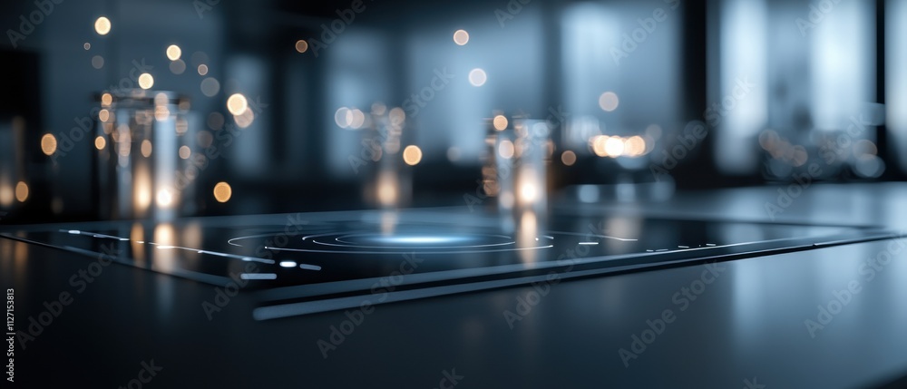Poster close-up of a black induction cooktop in a modern kitchen. the cooktop is in the center of the image