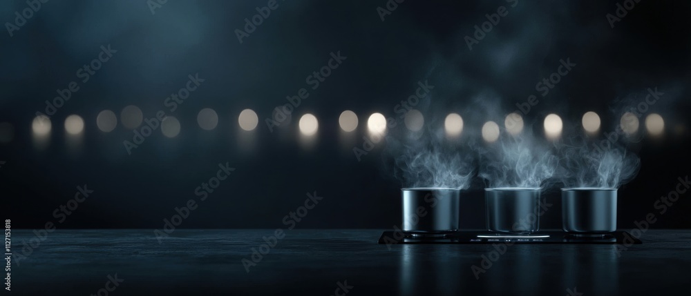 Poster row of three stainless steel pots on a black surface. the pots are arranged in a triangular formatio