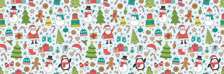 Christmas seamless pattern with cartoon characters and decorations. Vector illustration