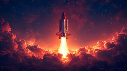 Space shuttle launch silhouette against a fiery rocket gradient