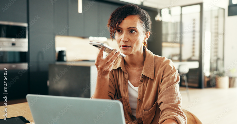 Aufkleber woman, laptop and phone call with speaker, communication and networking in home for remote work. fem