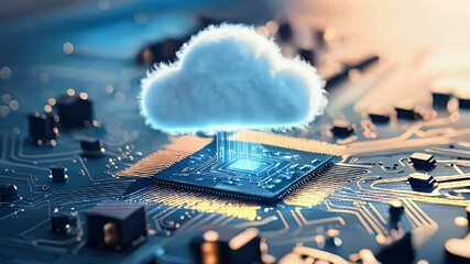 A digital cloud above a microchip, symbolizing cloud computing and technology integration.